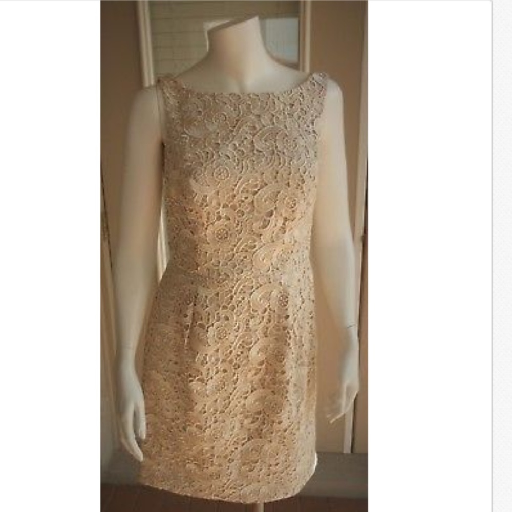 AIDAN MATTOX Champagne Lace Dress Open Back - Picture 4 of 7